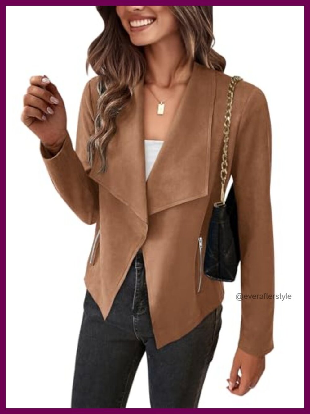 Faux Suede Cropped Jacket Waterfall Collar Open Front Zipper Pockets